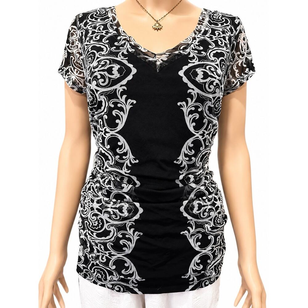 INC International Concepts Women’s Ruched Mesh Top Black White Size L